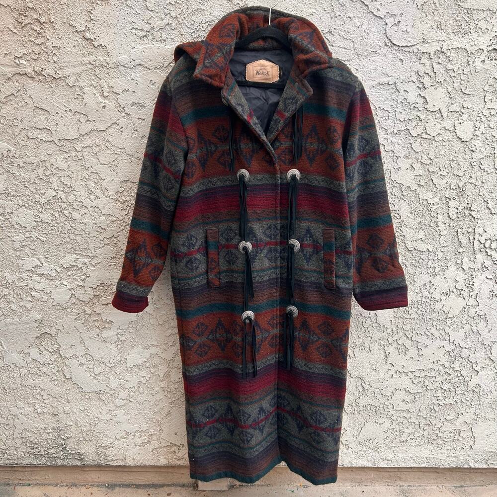 Vintage 90s Woolrich Southwestern Wool Blanket Long Hooded Coat Women’s S